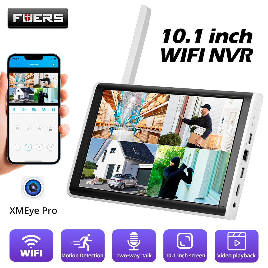 Fuers h.265 tela lcd de 10.1 polegadas 8ch sem fio nvr segurança diy câmera ao ar livre sistema wi fi vigilância cctv gravador de áudio e vídeo