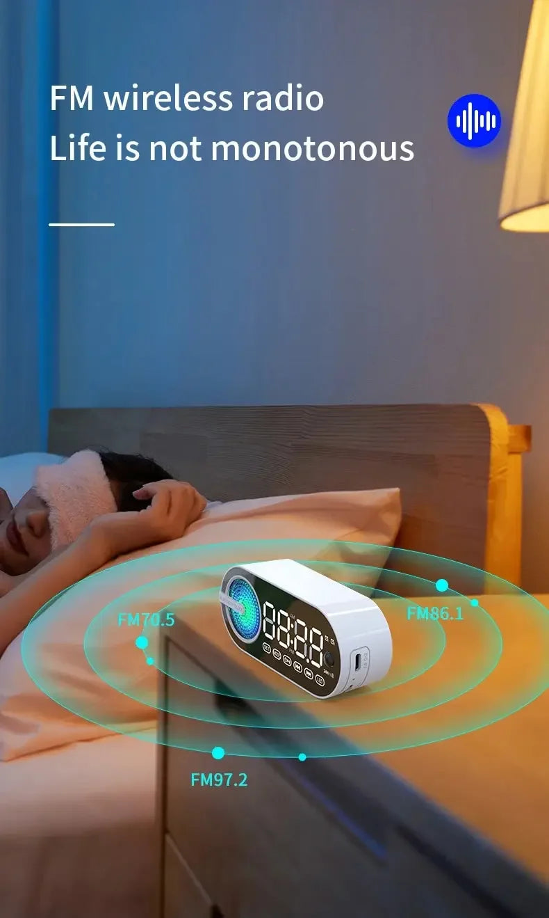 Silencioso sem fio bluetooth alto-falante despertador rgb tws usb led espelho relógio digital fm grande display sala de estar decoração do escritório