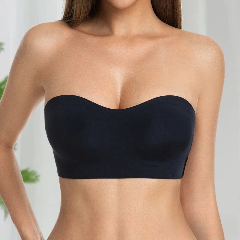 Sexy sem alças push up sutiã removível acolchoado sem costura gelo seda topo feminino beleza invisível volta anti-deslizamento fora do ombro sutiã