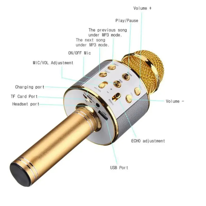 Gold and white handheld wireless karaoke microphone with Bluetooth speaker, featuring a detailed control panel, ports, and speaker grilles.