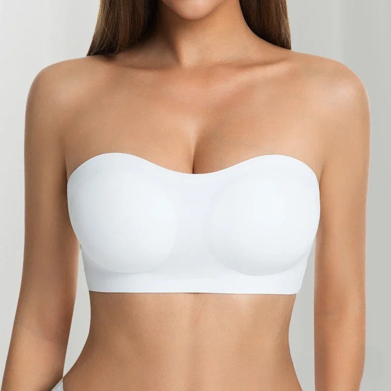 Sexy sem alças push up sutiã removível acolchoado sem costura gelo seda topo feminino beleza invisível volta anti-deslizamento fora do ombro sutiã