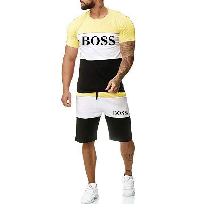 Um novo design de verão masculino em torno do pescoço shorts de manga curta e conjunto casual de roupas esportivas de fitness ao ar livre