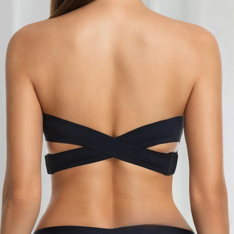 Sexy sem alças push up sutiã removível acolchoado sem costura gelo seda topo feminino beleza invisível volta anti-deslizamento fora do ombro sutiã