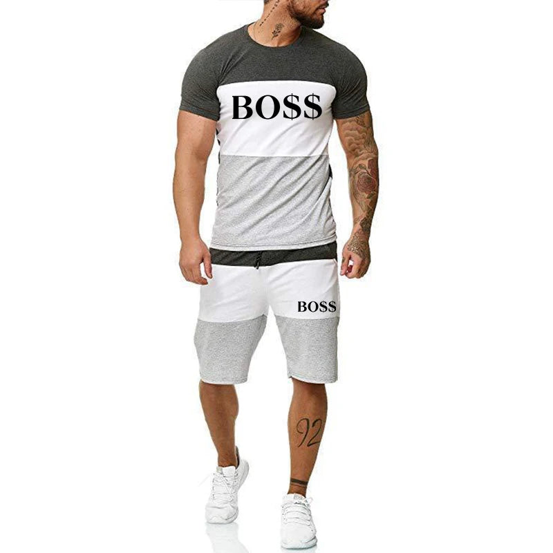 Um novo design de verão masculino em torno do pescoço shorts de manga curta e conjunto casual de roupas esportivas de fitness ao ar livre