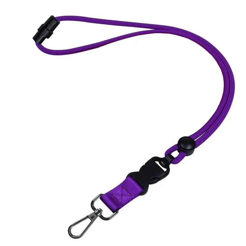 Purple heavy-duty polyester lanyard with black safety breakaway clasp, quick-release buckle, and metal clip.