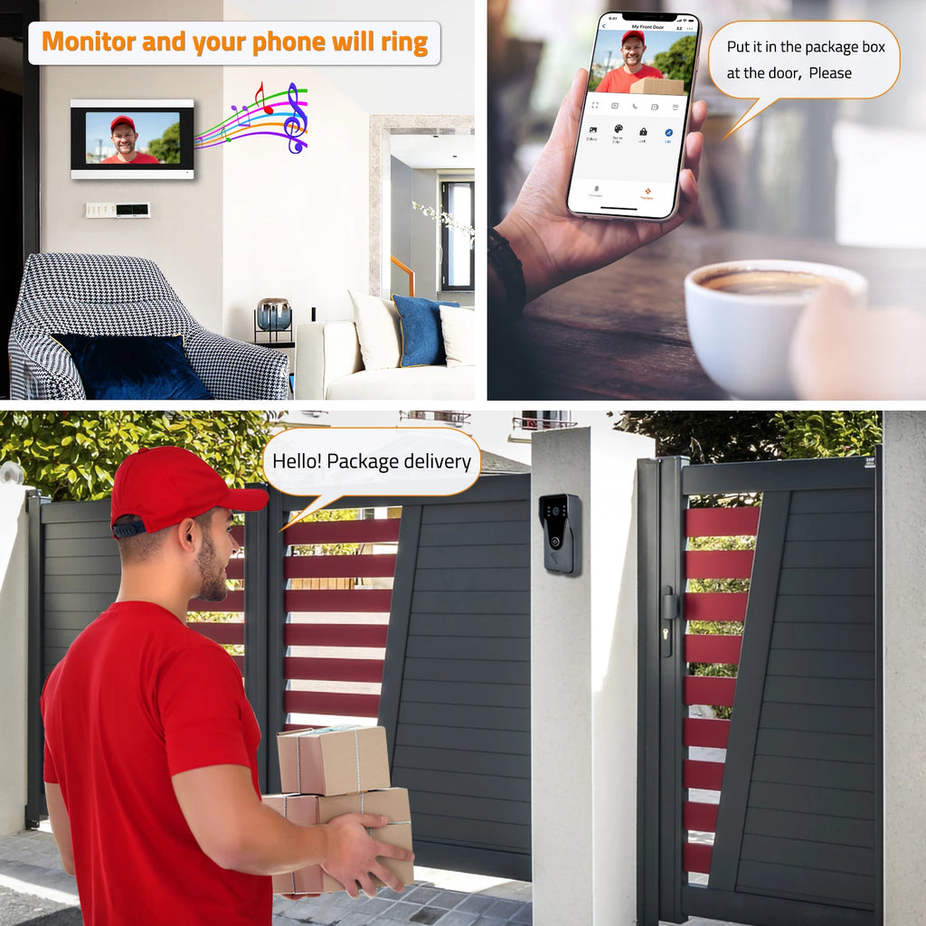 Sistema de intercomunicação de vídeo wi-fi sem fio, campainha de vídeo inteligente 1080p para casa, tela sensível ao toque, cartão 32g, áudio bidirecional, aplicativo tuya, desbloqueio de 4 fios