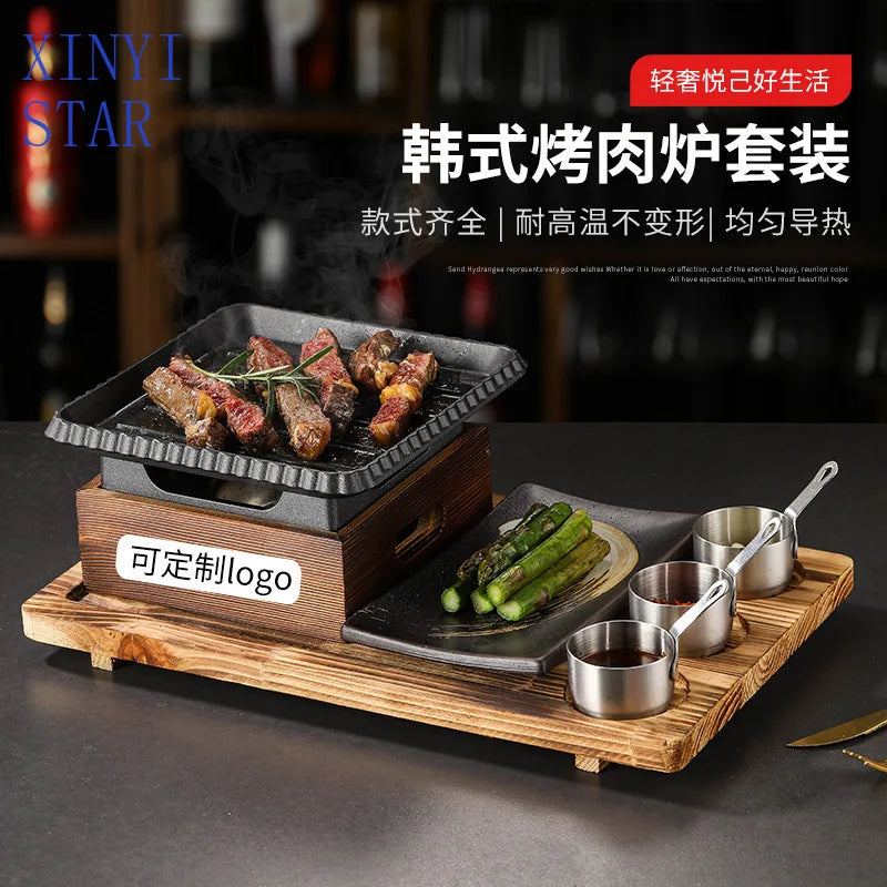 Sala de jantar talheres simples e duplos placa de churrasco de ferro fundido quadrado forno de álcool bandeja de cozimento estilo coreano conjunto de fogão de churrasco