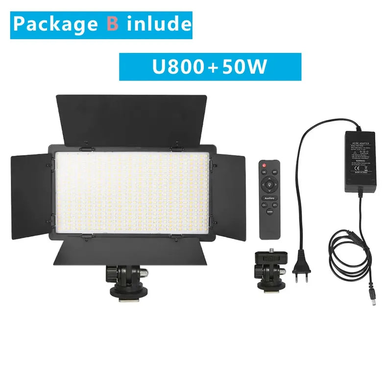 Nagnahz U800+ 50W bi-color LED video light panel with black barn doors, remote, and power adapter.