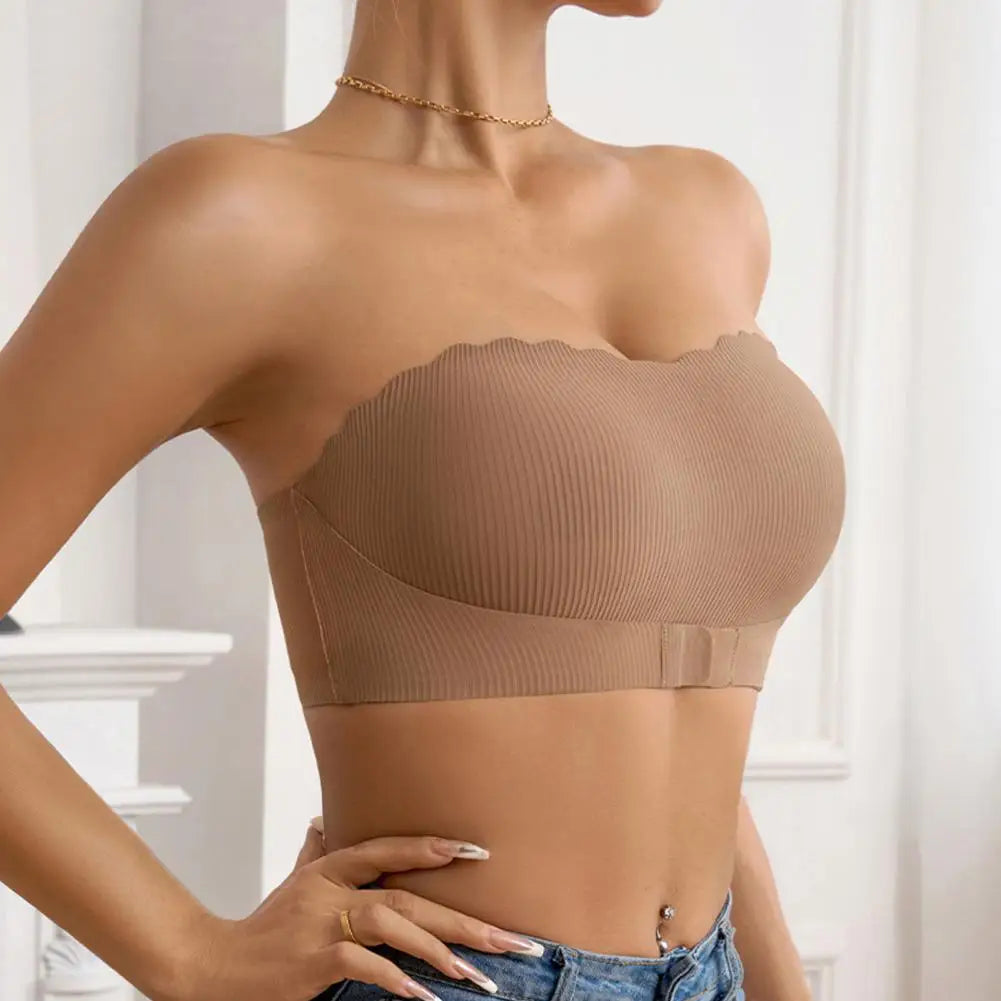Sutiã feminino sem alças com fechamento frontal conforto sem fio bandeau antiderrapante borda ondulada acolchoada top bralette