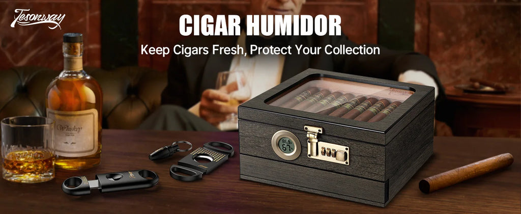 Humidor de charutos, caixa de mesa superior de vidro com termo-higrômetro digital, umidificador, divisor, gaveta de acessórios e fechadura de combinação