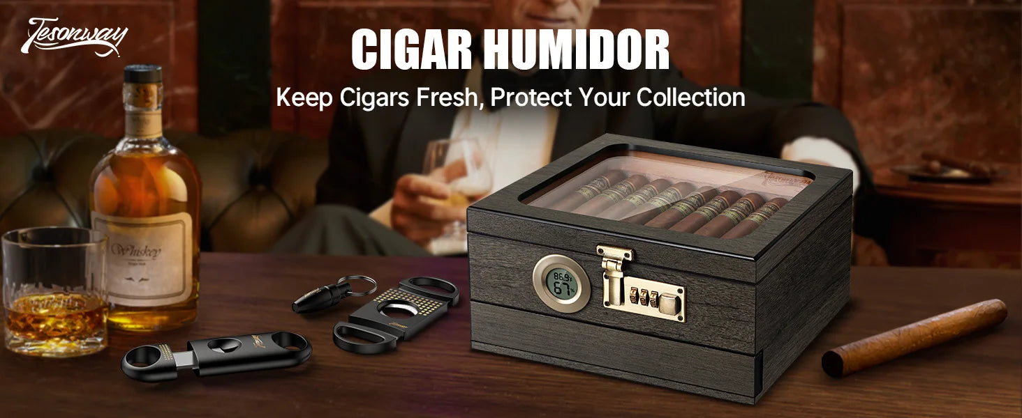 Humidor de charutos, caixa de mesa superior de vidro com termo-higrômetro digital, umidificador, divisor, gaveta de acessórios e fechadura de combinação