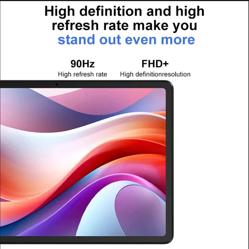 Lenovo Xiaoxin Pad 2024 11-inch gray tablet screen with vibrant abstract art, featuring 90Hz refresh rate and FHD+ resolution.