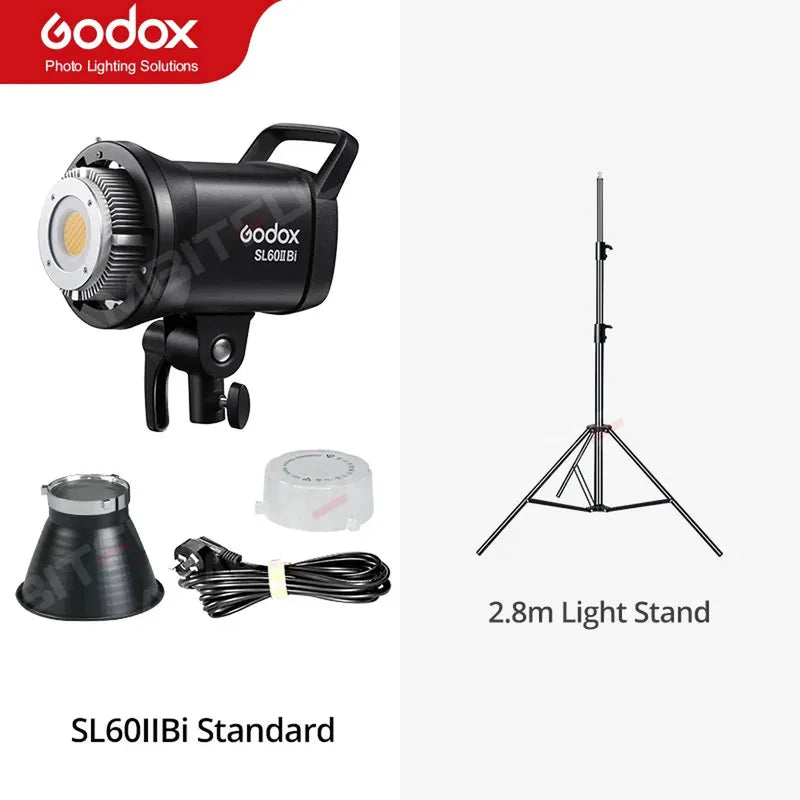 Black Godox SL60IIBi COB LED video light kit with Bowens mount, standard reflector, power cable, and 2.8m light stand.