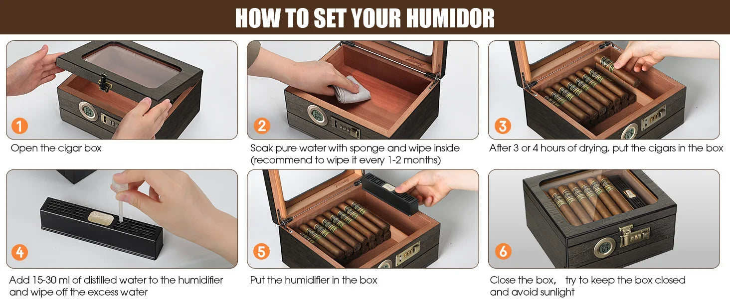 Humidor de charutos, caixa de mesa superior de vidro com termo-higrômetro digital, umidificador, divisor, gaveta de acessórios e fechadura de combinação