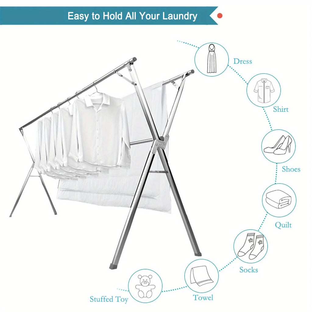 Rack de secagem dobrável em forma de X de aço inoxidável, rack de roupas universal interno e externo, roupas de secagem e colchas, organizador de armazenamento