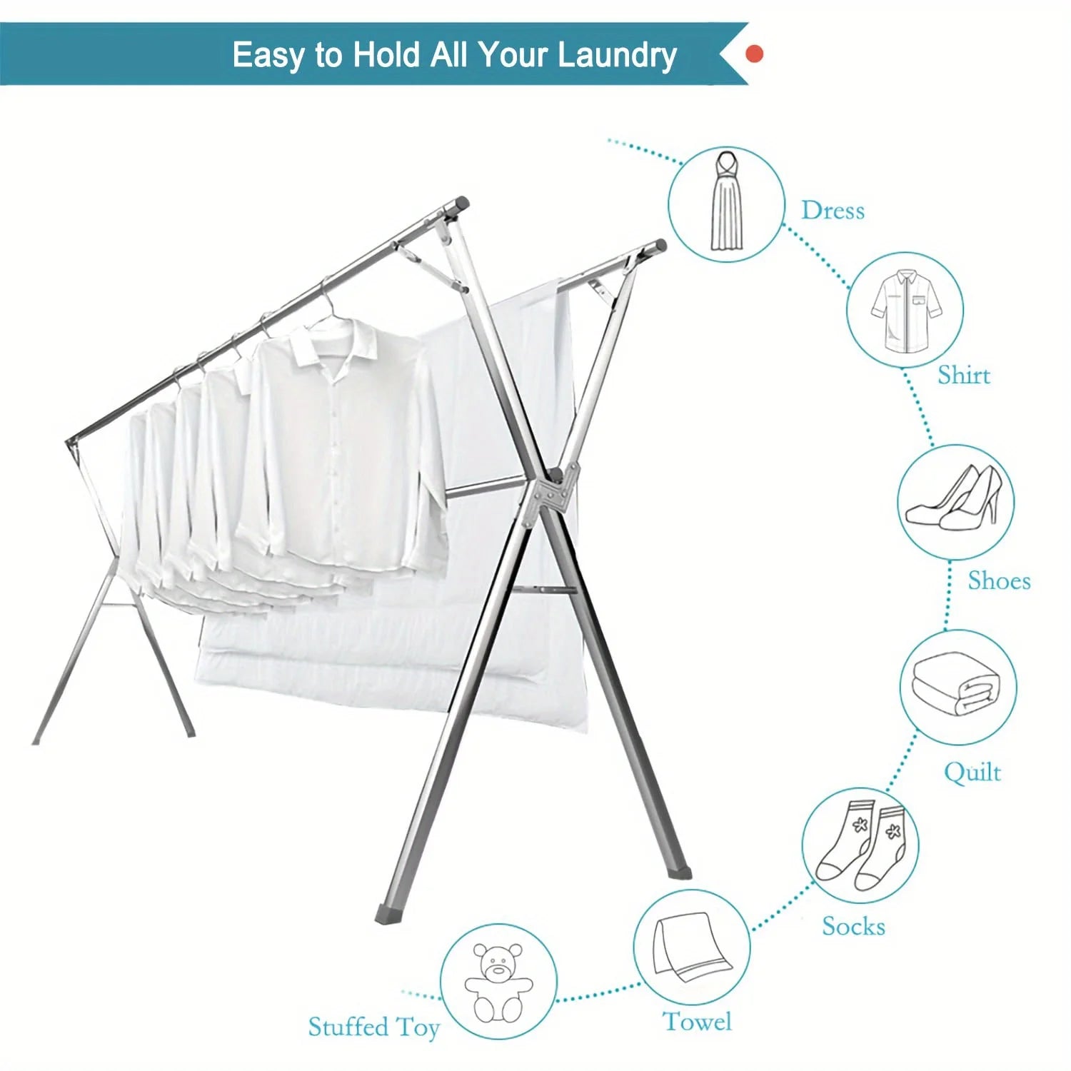 Rack de secagem dobrável em forma de X de aço inoxidável, rack de roupas universal interno e externo, roupas de secagem e colchas, organizador de armazenamento