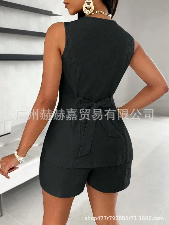 2025 verão algodão linho shorts define feminino 2 peças elegante cor sólida com decote em v magro topos senhora do escritório chique rendas shorts ternos