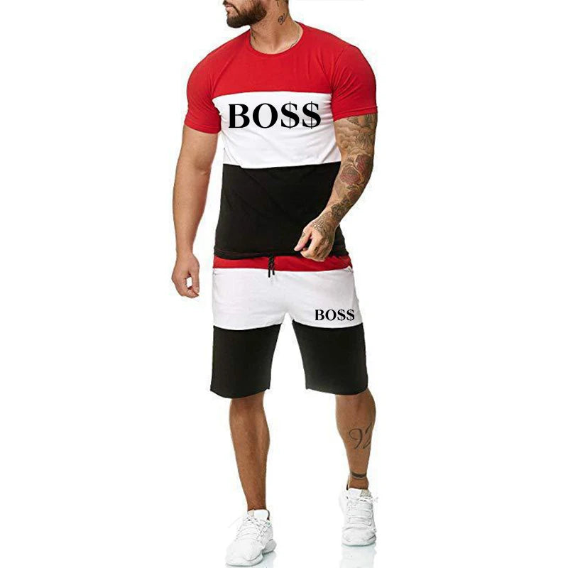 Um novo design de verão masculino em torno do pescoço shorts de manga curta e conjunto casual de roupas esportivas de fitness ao ar livre