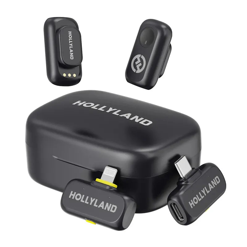 Black Hollyland LARK A1 wireless lavalier microphone kit with charging case, clip-on mic, and iPhone/Android receivers.