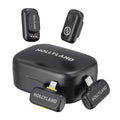 Black Hollyland LARK A1 wireless lavalier microphone kit with charging case, clip-on mic, and iPhone/Android receivers.