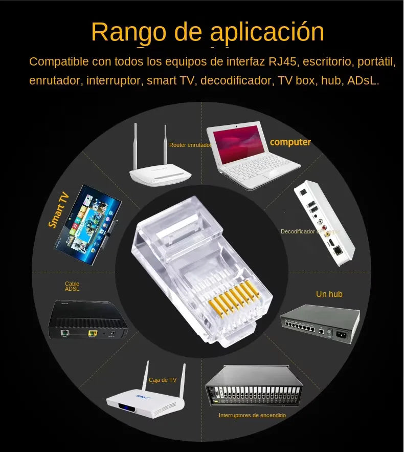 100 peças conector rj45 cat6 passagem através dos conectores cristal final banhado a ouro 8p8c crimpagem utp padrão rede ethernet plugue modular