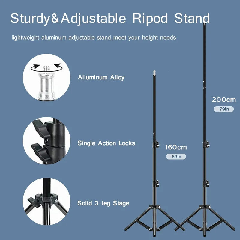 Sturdy black aluminum alloy adjustable tripod light stand, extending to 200cm, with single action locks and a stable 3-leg base.