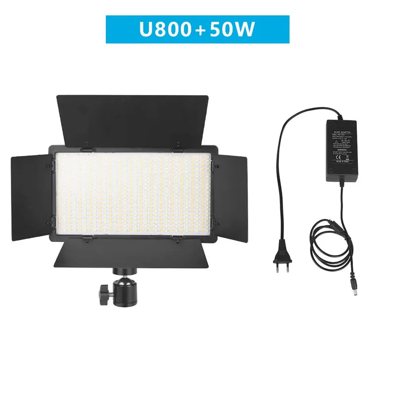 Nagnahz U800+ 50W bi-color LED video light panel with black barn doors, swivel mount, and power adapter.