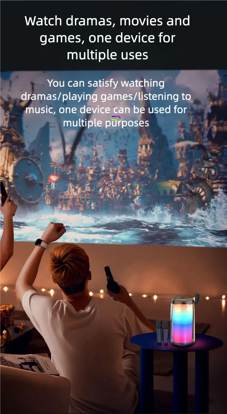 Máquina de karaokê portátil, alto-falante Bluetooth para festa com 2 microfones de karaokê, modos de luz RGB, 5 efeitos vocais, USB/AUX/TF