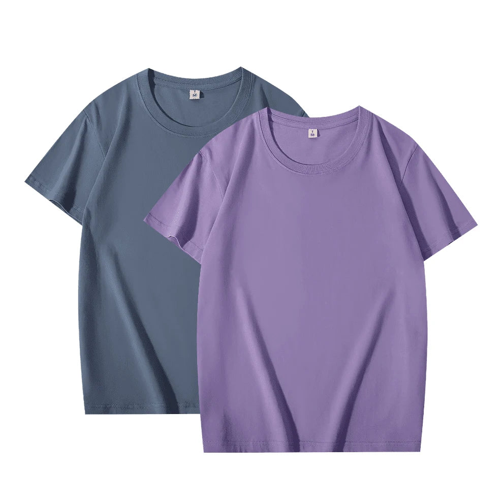 2 pçs cor sólida camiseta 100% algodão masculino feminino branco o-pescoço solto de manga curta modelos básicos all-match camiseta casal topos preto