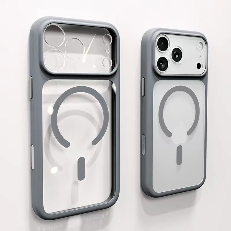 Negócios magnéticos simplicidade à prova de choque laranja pára-choques botão da câmera caso para iphone 17 pro max lente clara pc capa para magsafe