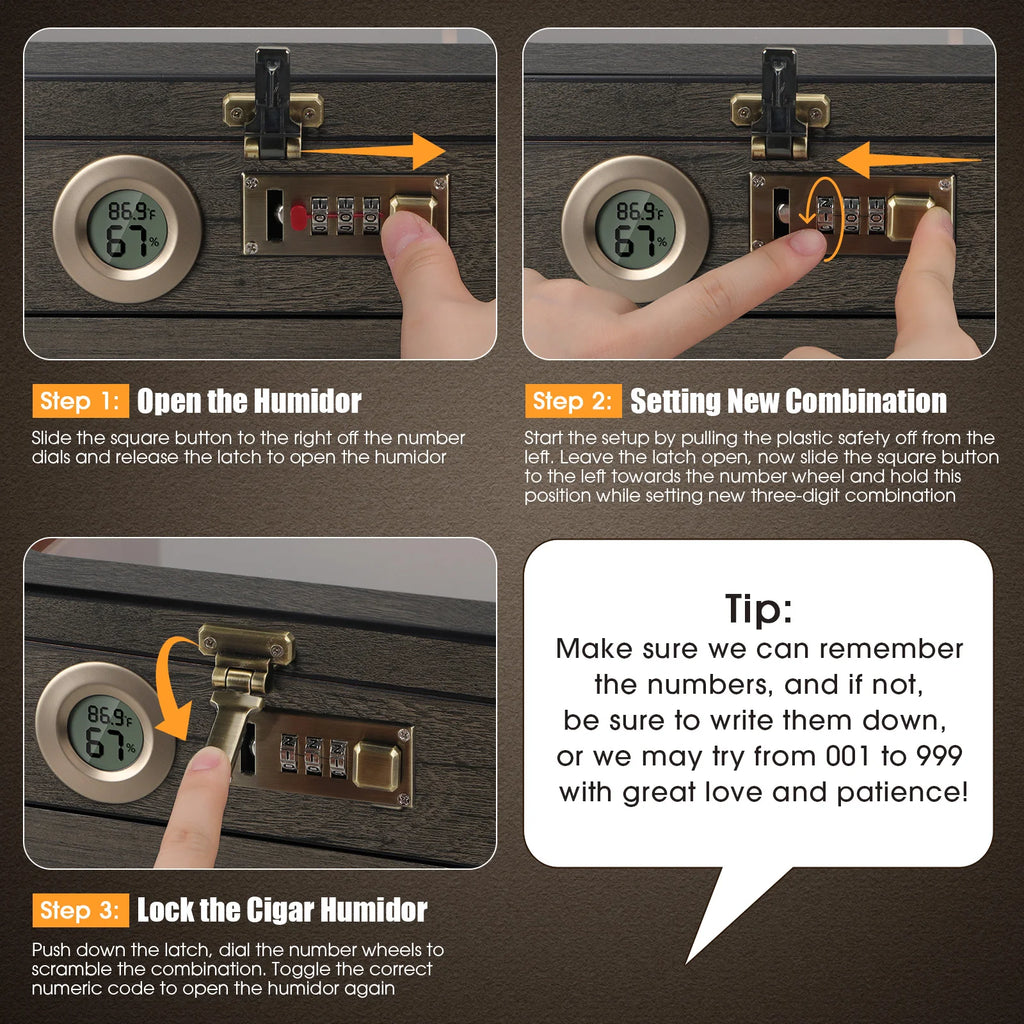 Humidor de charutos, caixa de mesa superior de vidro com termo-higrômetro digital, umidificador, divisor, gaveta de acessórios e fechadura de combinação