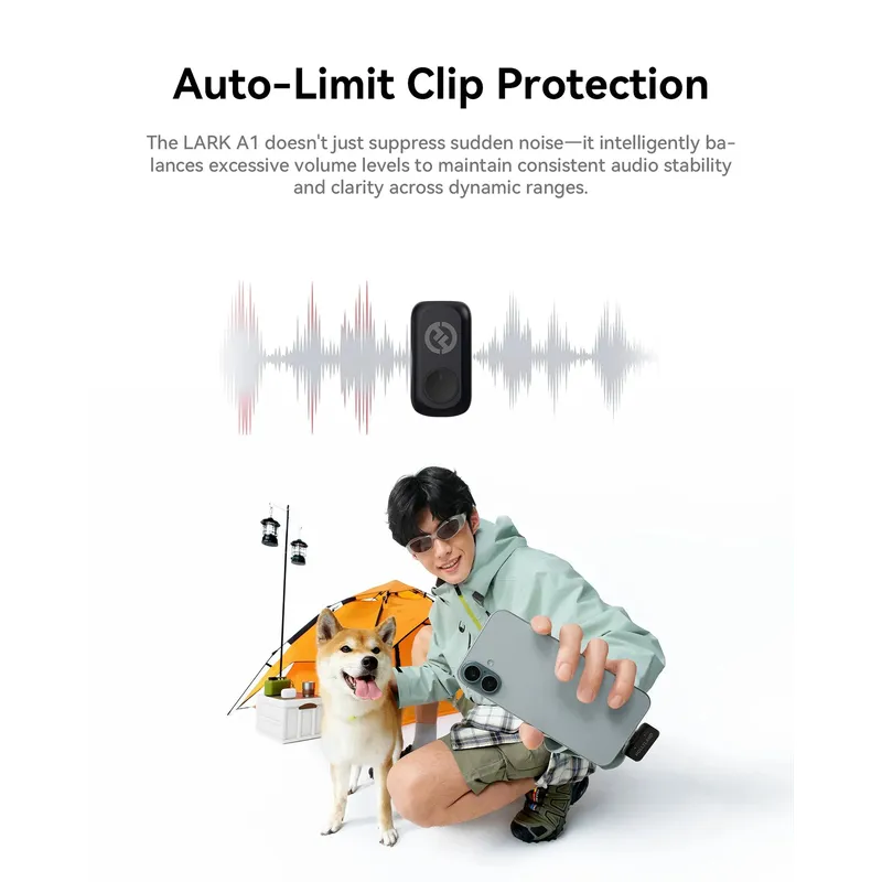Man vlogging outdoors with a grey smartphone and Hollyland LARK A1 wireless microphone, dog and orange tent visible. Features Auto-Limit Clip Protection.