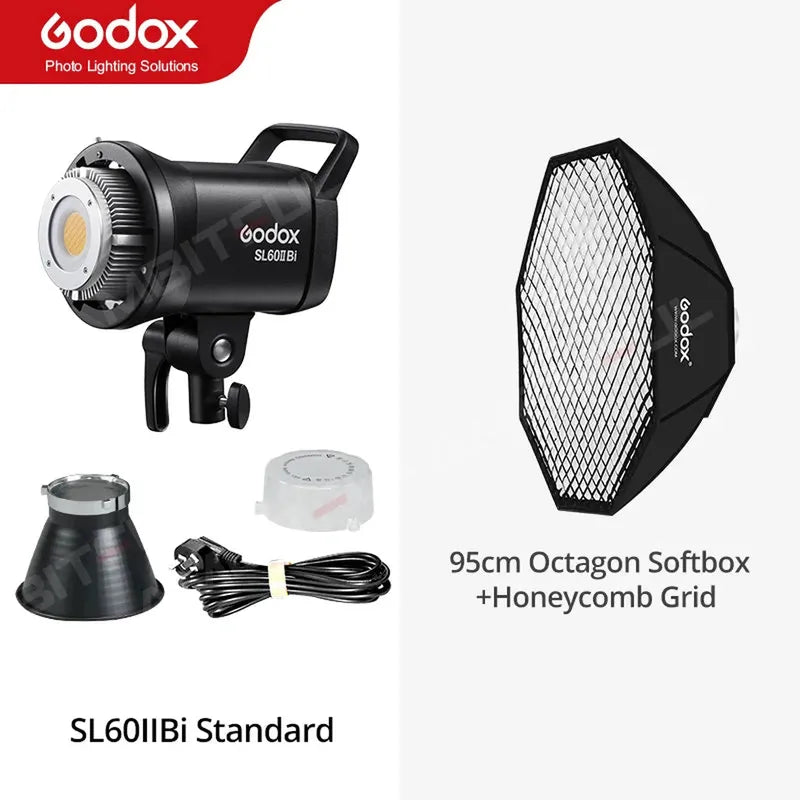 Godox SL60IIBi black COB LED video light with Bowens mount, reflector, power cable, diffuser, and 95cm octagon softbox with grid.
