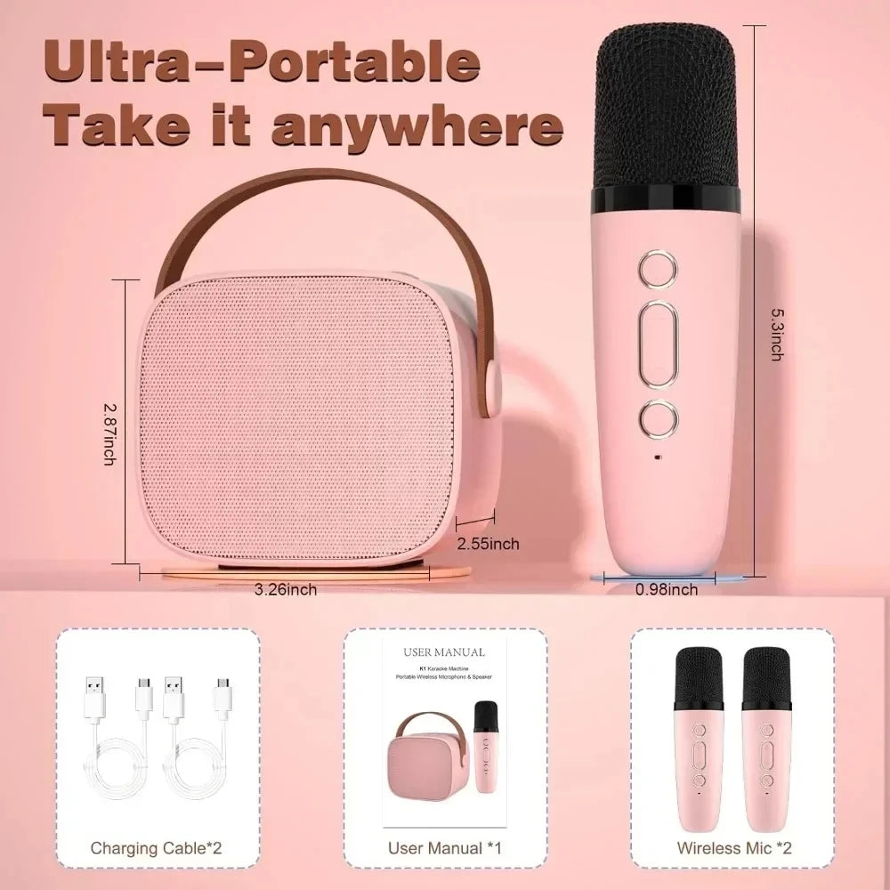 Mini máquina de karaokê para crianças e adultos, alto-falante portátil com 1-2 microfones sem fio para casa, ktv, festa de aniversário, presentes de feriado