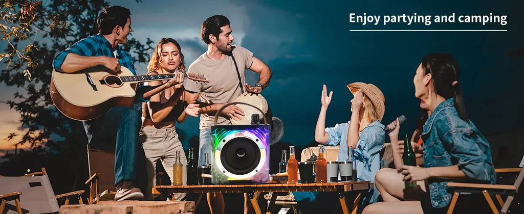 Alto-falante bluetooth de karaokê de alta potência, luz de ritmo musical 360, subwoofer estéreo surround sem fio com microfone duplo, suporte para telefone