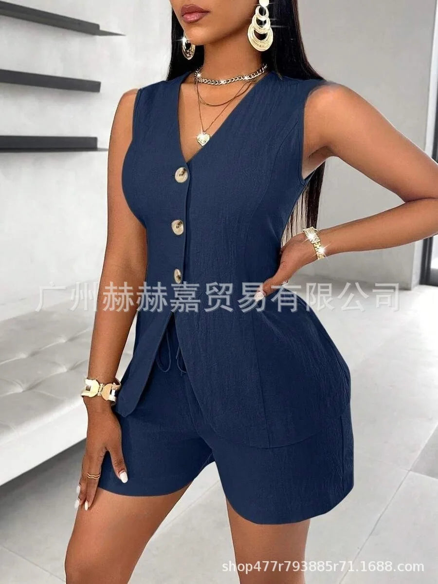 2025 verão algodão linho shorts define feminino 2 peças elegante cor sólida com decote em v magro topos senhora do escritório chique rendas shorts ternos