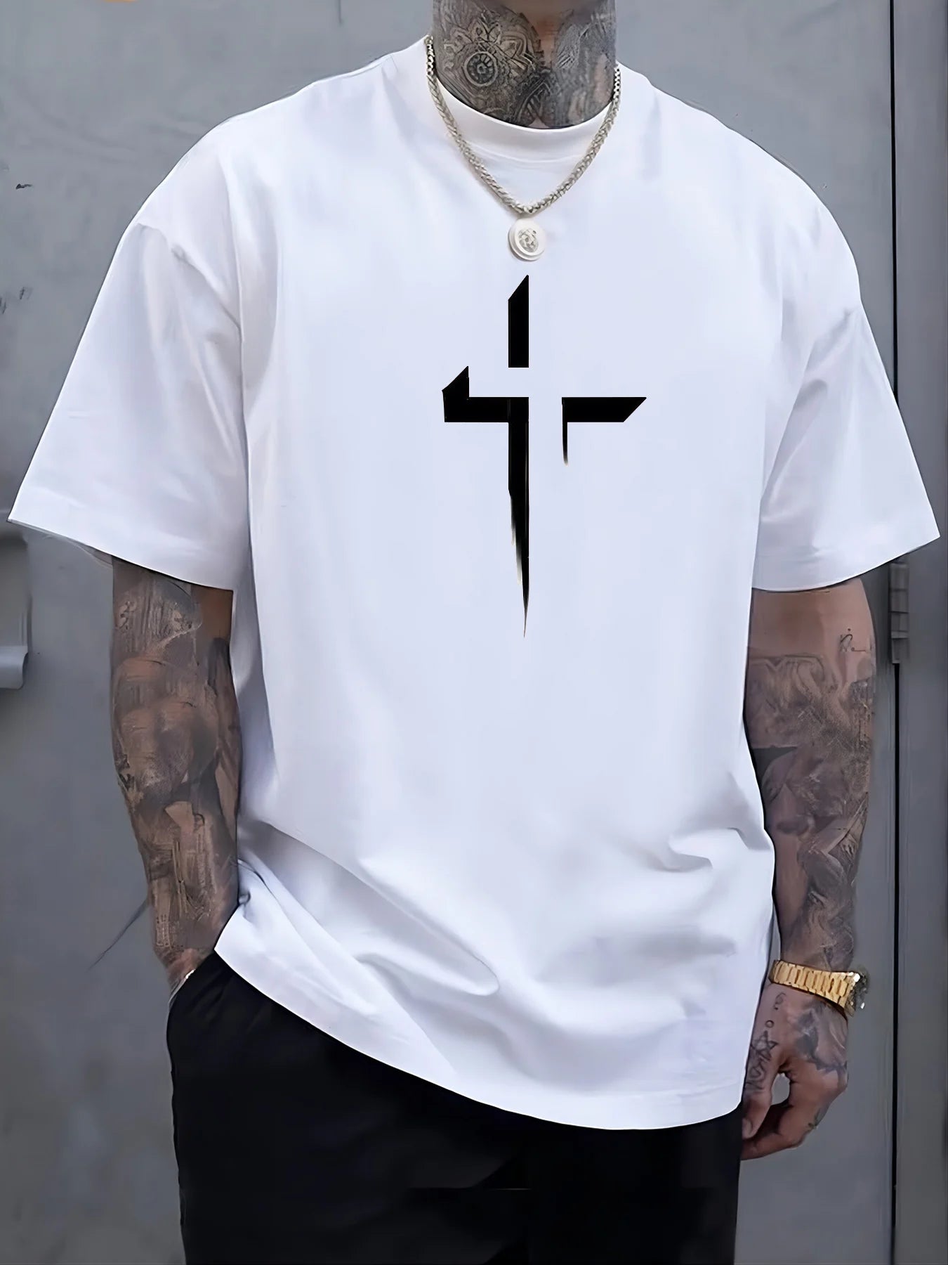 Verão masculino 100% algodão puro casual solto plus size cruz criativo impresso esportes confortável em torno do pescoço manga curta camiseta