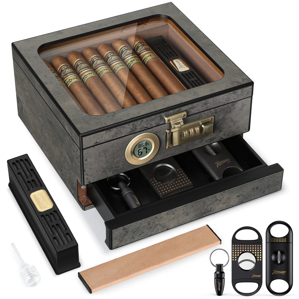 Humidor de charutos, caixa de mesa superior de vidro com termo-higrômetro digital, umidificador, divisor, gaveta de acessórios e fechadura de combinação