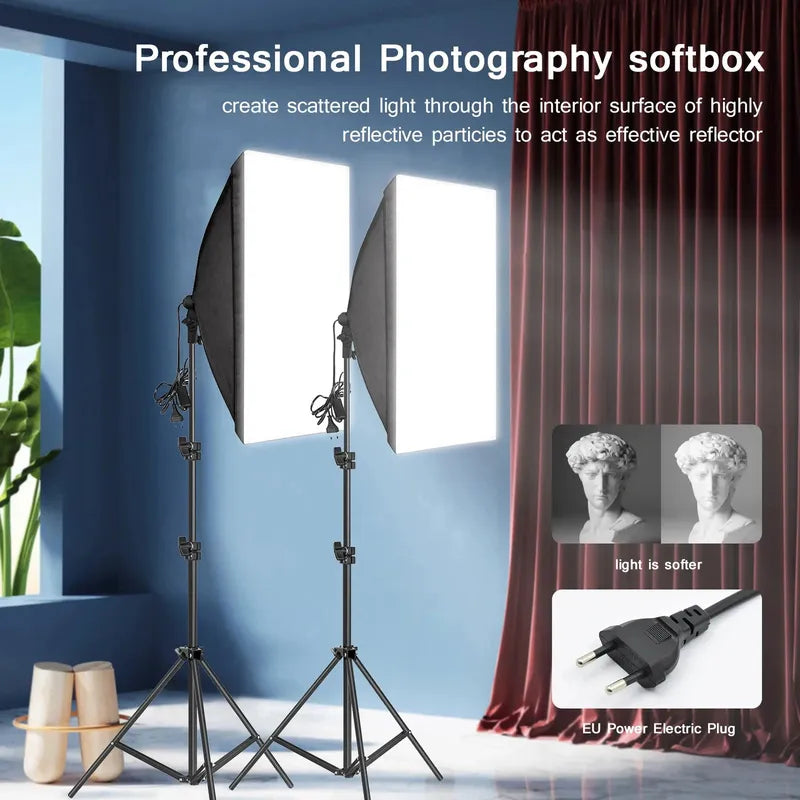 Two professional quadrilateral photography softboxes with white diffusers on black adjustable tripods, ideal for continuous studio lighting.