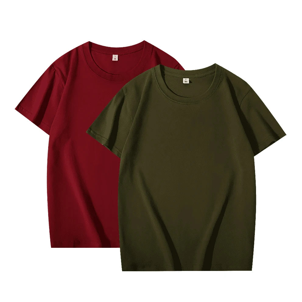 2 pçs cor sólida camiseta 100% algodão masculino feminino branco o-pescoço solto de manga curta modelos básicos all-match camiseta casal topos preto