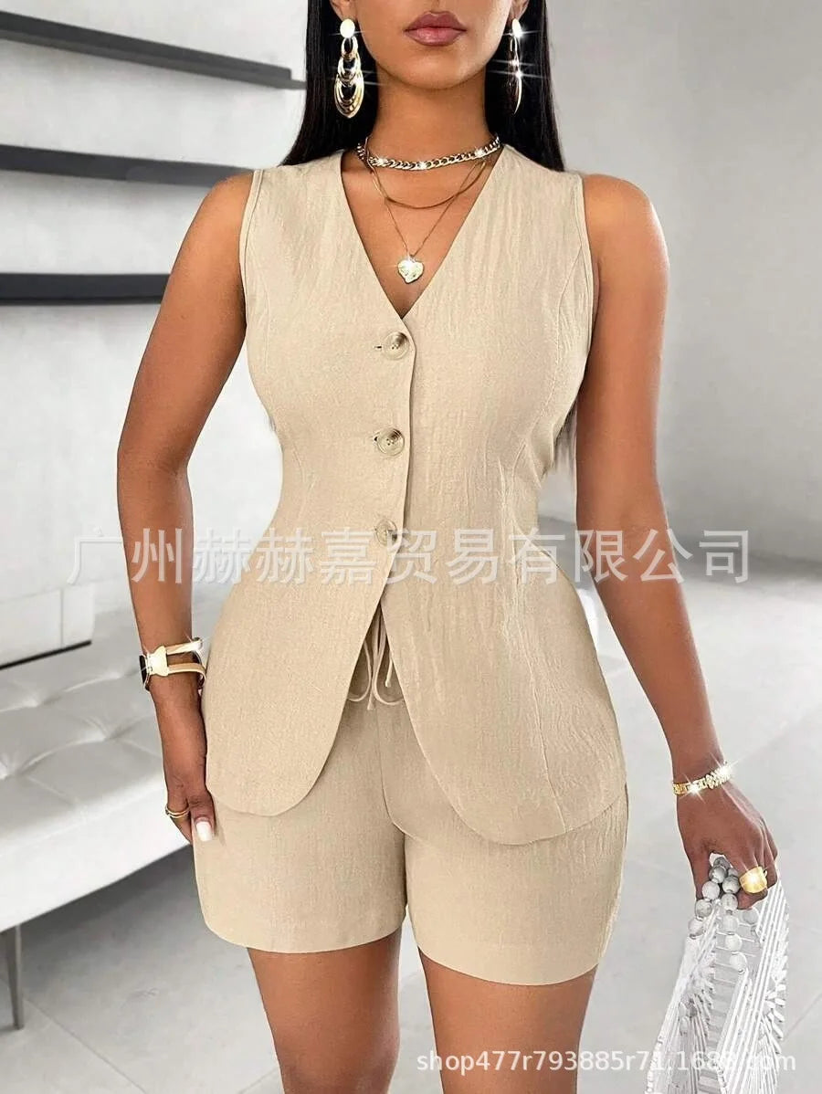 2025 verão algodão linho shorts define feminino 2 peças elegante cor sólida com decote em v magro topos senhora do escritório chique rendas shorts ternos