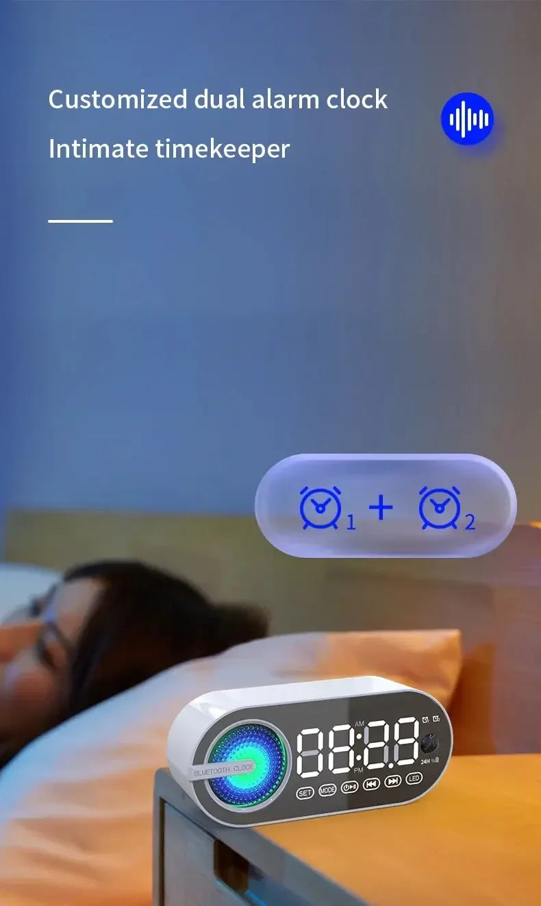 Silencioso sem fio bluetooth alto-falante despertador rgb tws usb led espelho relógio digital fm grande display sala de estar decoração do escritório