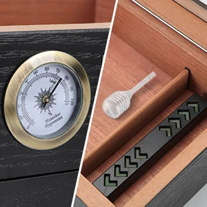 Umidificador de charutos, madeira de cedro, caixa de charutos, vidro, umidificador de mesa com higrômetro frontal, umidificador, divisor, acessórios, gaveta