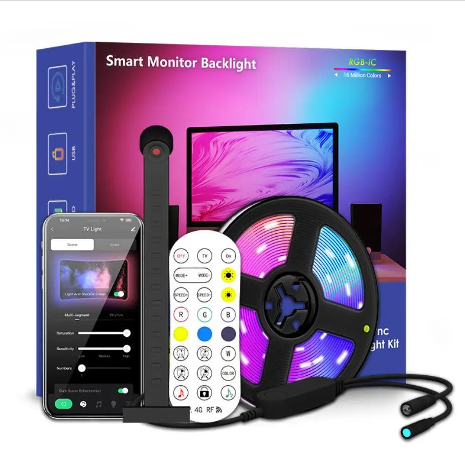 Faixa de luz de fundo de TV LED RGBIC com câmera Controle de aplicativo Sincronização de música Luzes inteligentes para sala de jogos Iluminação ambiente de 55-75 polegadas