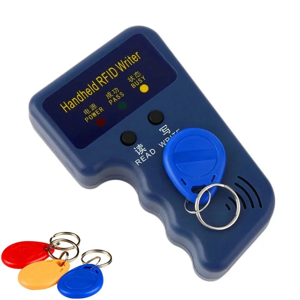 125khz rfid handheld escritor duplicador cópia em4305 t5577 leitura regravável em4100/tk4100 id keyfobs tag cartão transporte rápido