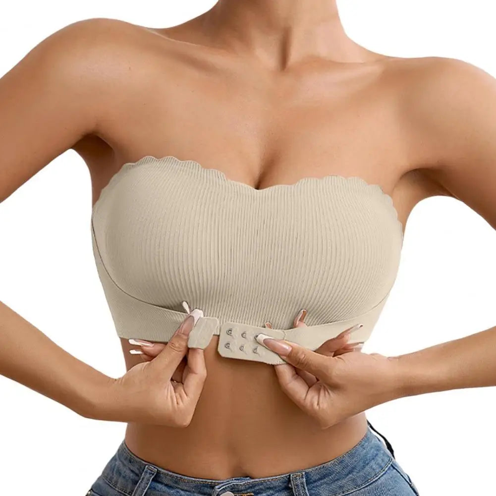 Sutiã feminino sem alças com fechamento frontal conforto sem fio bandeau antiderrapante borda ondulada acolchoada top bralette