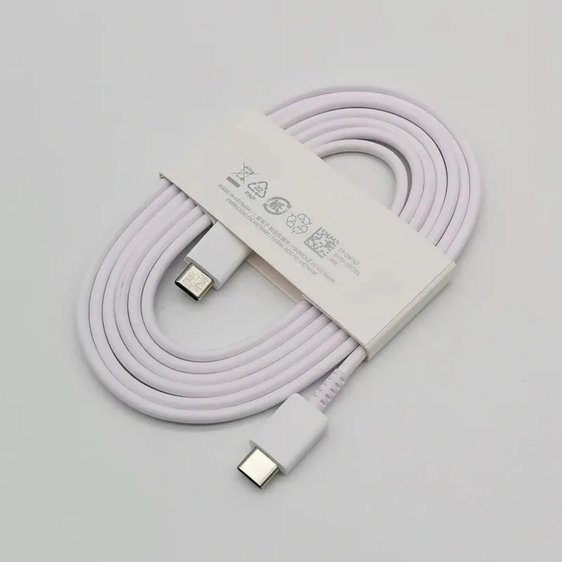 White Samsung 1.8M Type-C to Type-C cable for super fast charging, coiled with a paper band, showing silver connectors.