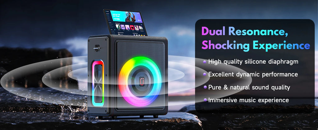 Máquina de karaokê portátil, alto-falante Bluetooth com microfones, sistema PA com 2 microfones de karaokê, luzes de discoteca para festas em casa