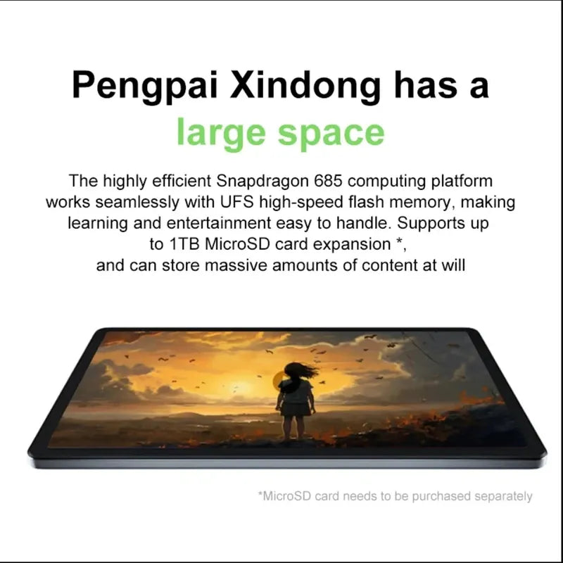 Sleek gray Lenovo Xiaoxin Pad 2024 11-inch tablet displaying a vibrant sunset landscape with a person.