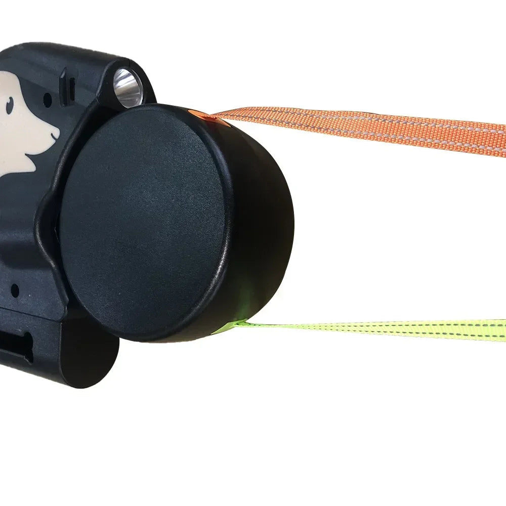 Trela rotativa de nylon para animais de estimação, 3m, para 2 cães, corda dupla ajustável, com lanterna, saco de cocô, caixa, corda de tração para animais de estimação, retrátil